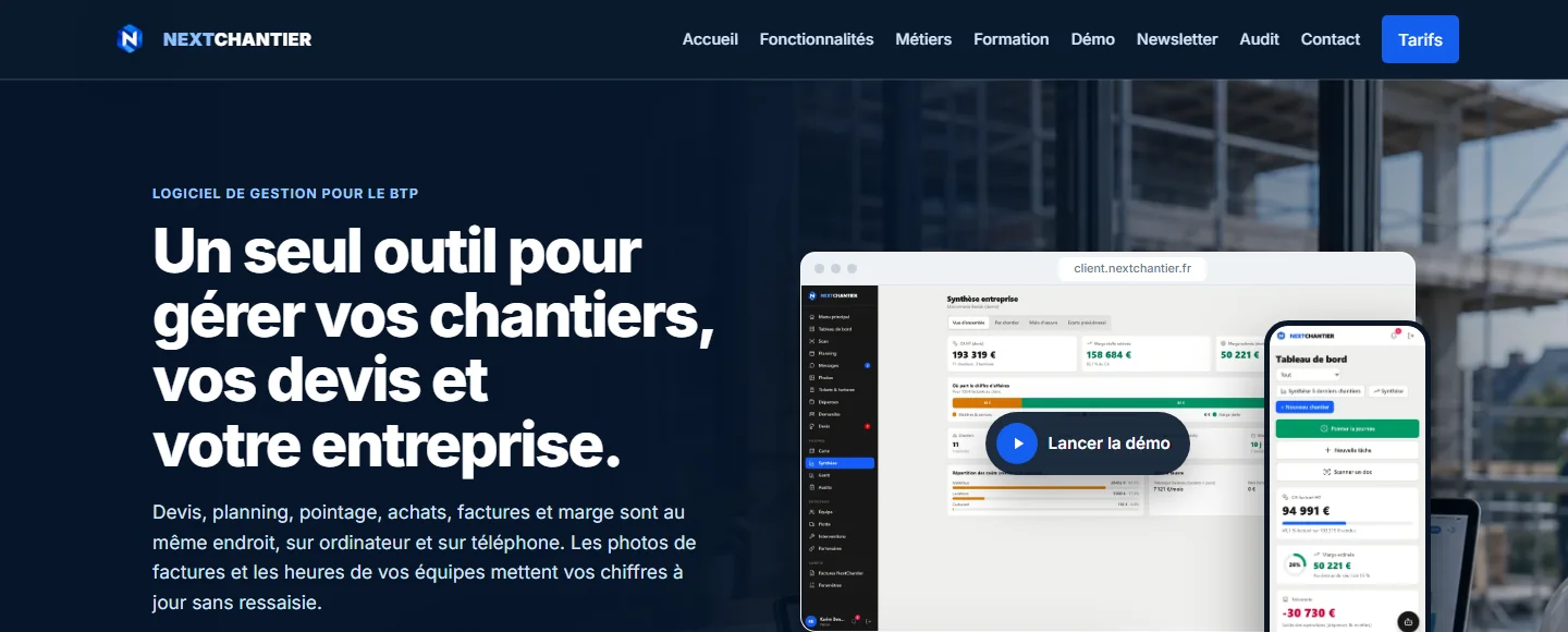 Page d'accueil du site nextchantier.fr, conçu par PFS